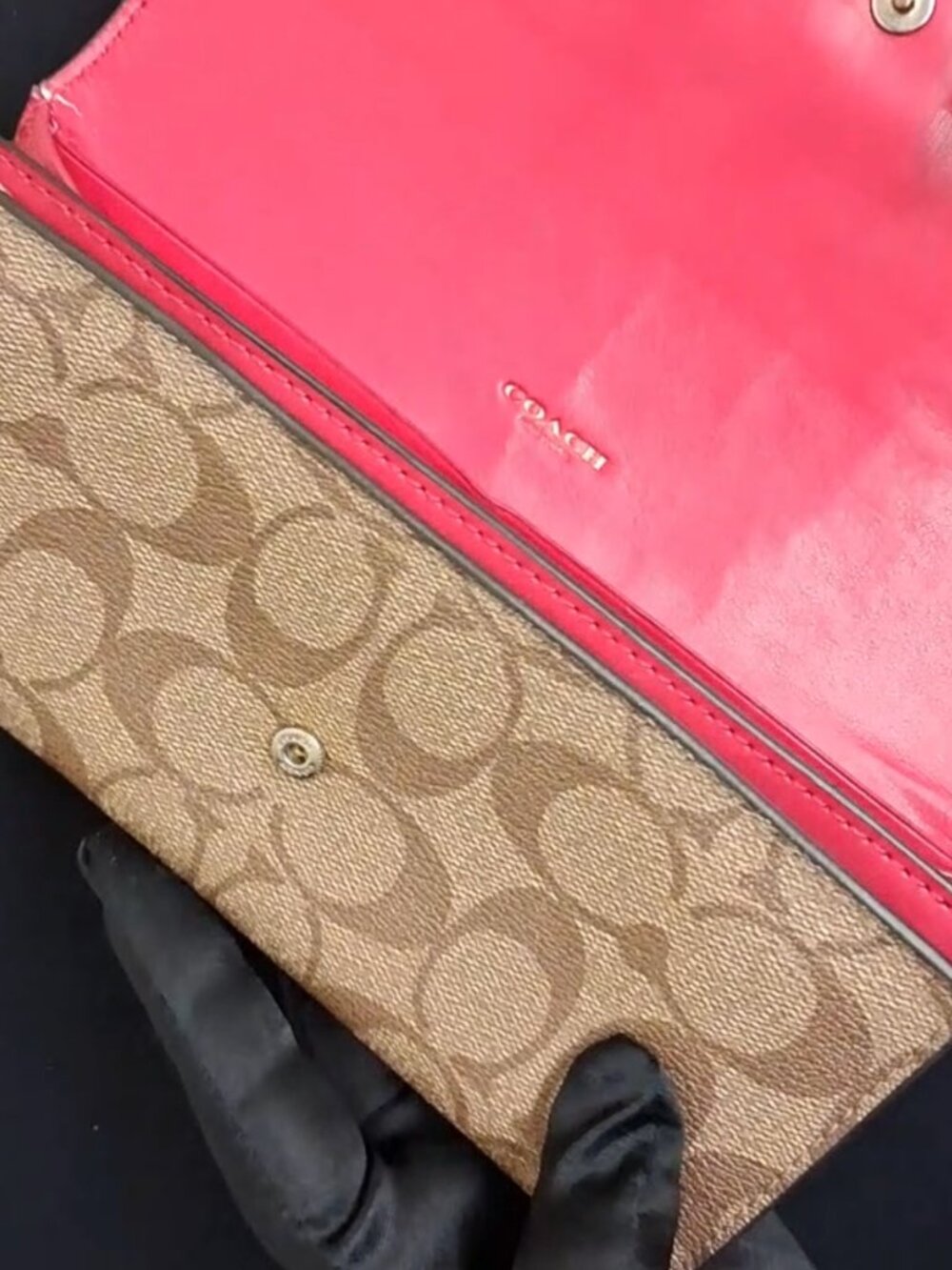 COACH Signature Canvas Pink Leather Flap Continental Wallet - Picture 13 of 14